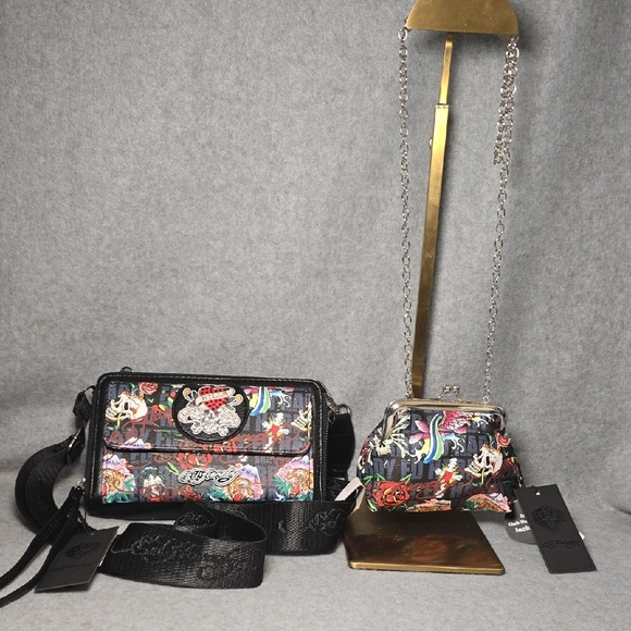 Ed Hardy Handbags - Ed Hardy Black and Multicolor Crossbody Bag Set